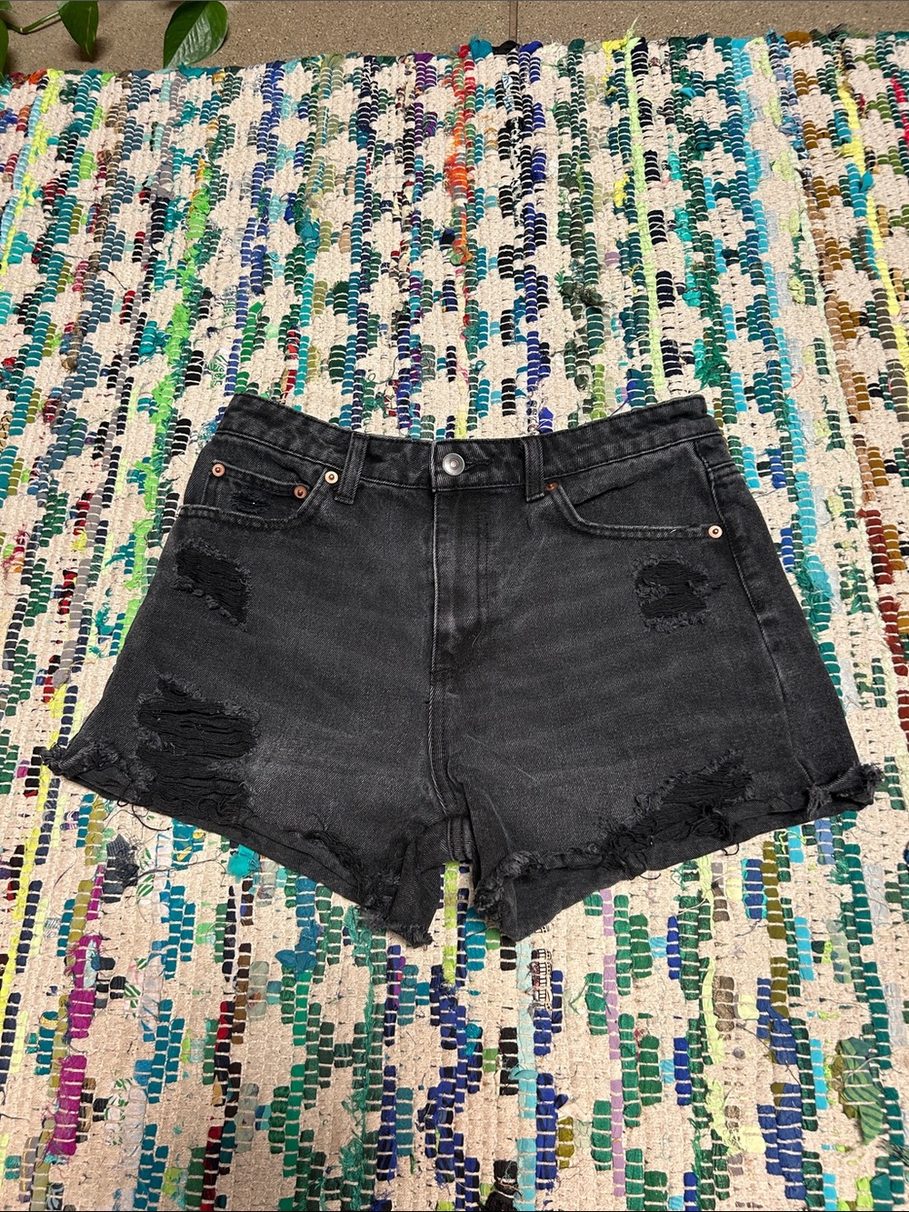 Black Distressed High-Rise Denim Shorts